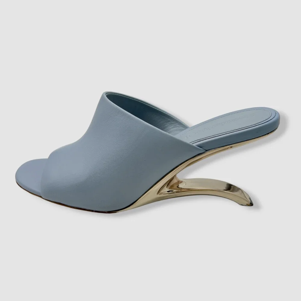 $990 Alexander McQueen Women's Blue Arc Calfskin Wedge Mule Sandal Shoes Size 38 - Picture 3 of 9